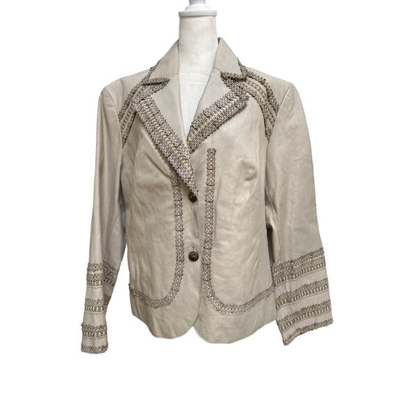 Pamela McCoy 1X Couture Beige Distressed Leather Gold Accents Jacket NWT - Picture 1 of 12